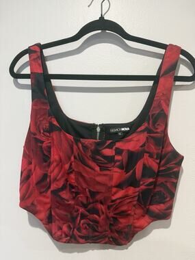 Fashion Nova Women's Corset Crop Top Tank Black Red Roses Floral Romantic Large